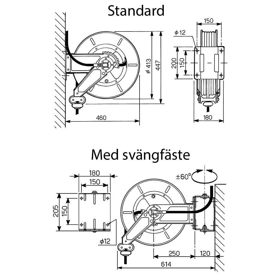 Slangupprullare för olja 60 bar, 13 mm, 15 meter