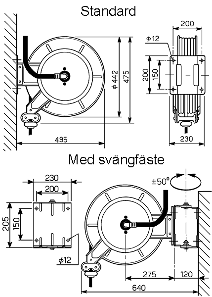Slangupprullare för olja, 60 bar, 3/4", 15 meter